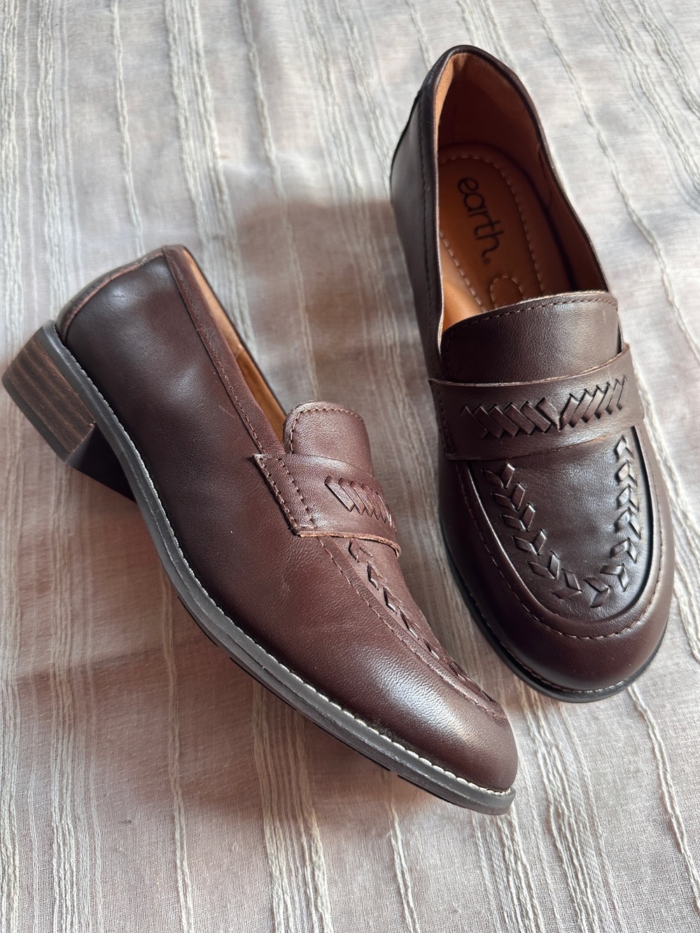Earth Edith Dark Brown Woven Leather Slip On Loafers | 6W NWOB
